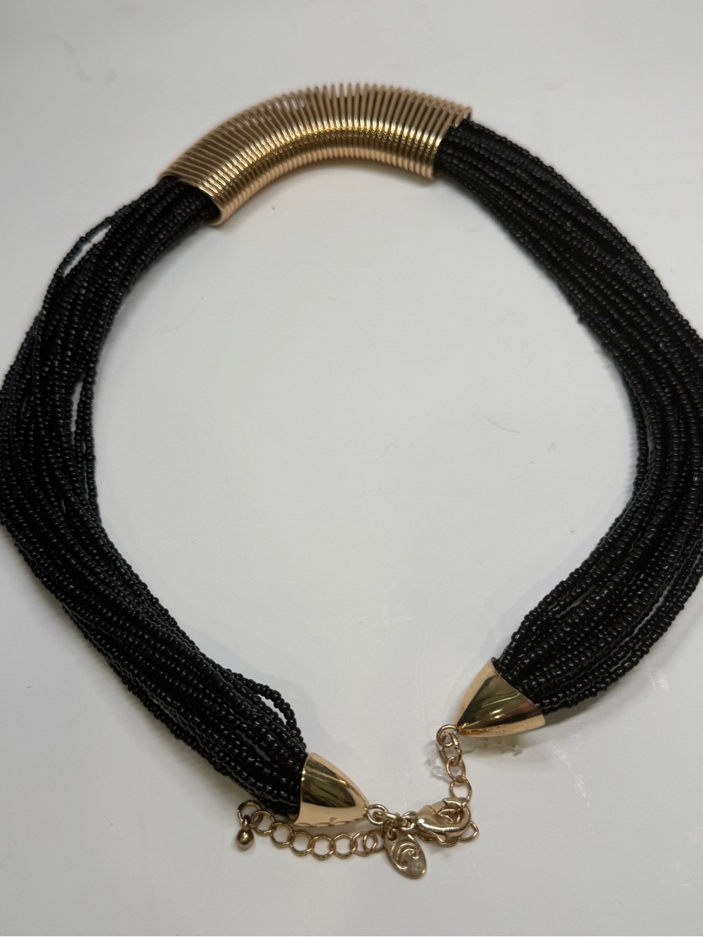 Black Beaded Necklace with Gold Coil Accent - Picture 7 of 9